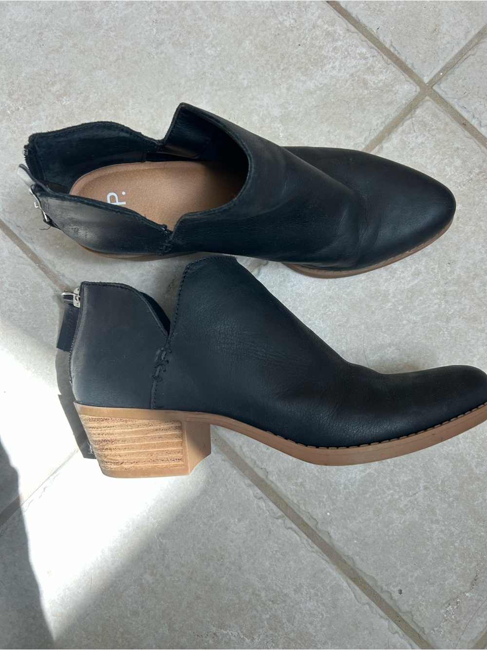 bp Black Leather Ankle Booties with Stacked Wood Heel